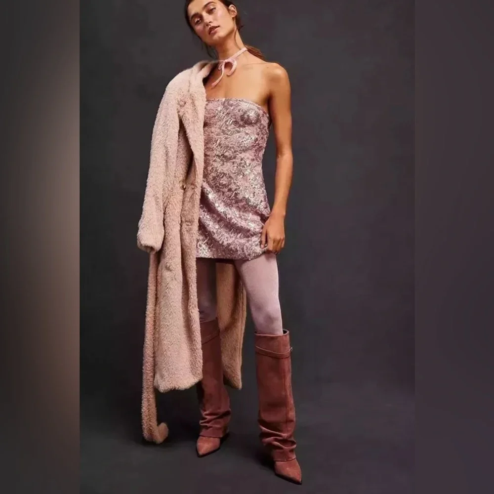 FREE PEOPLE Night Gaze Strapless Sequin Lace Mini Dress Blush Pink XL NWT